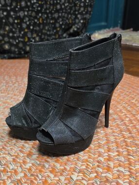 Deb Black Glitter Peep-Toe Platform Ankle Heels